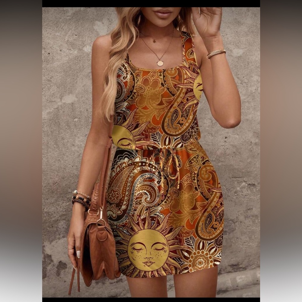 🌼3/$30🌼NEW Shein Printed Tie Waistband Mini Dress Size Medium - Picture 2 of 8